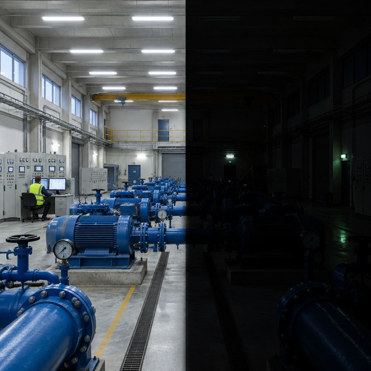 Wasserwerk, eine Hälfte beleuchtet, die andere im Dunkeln