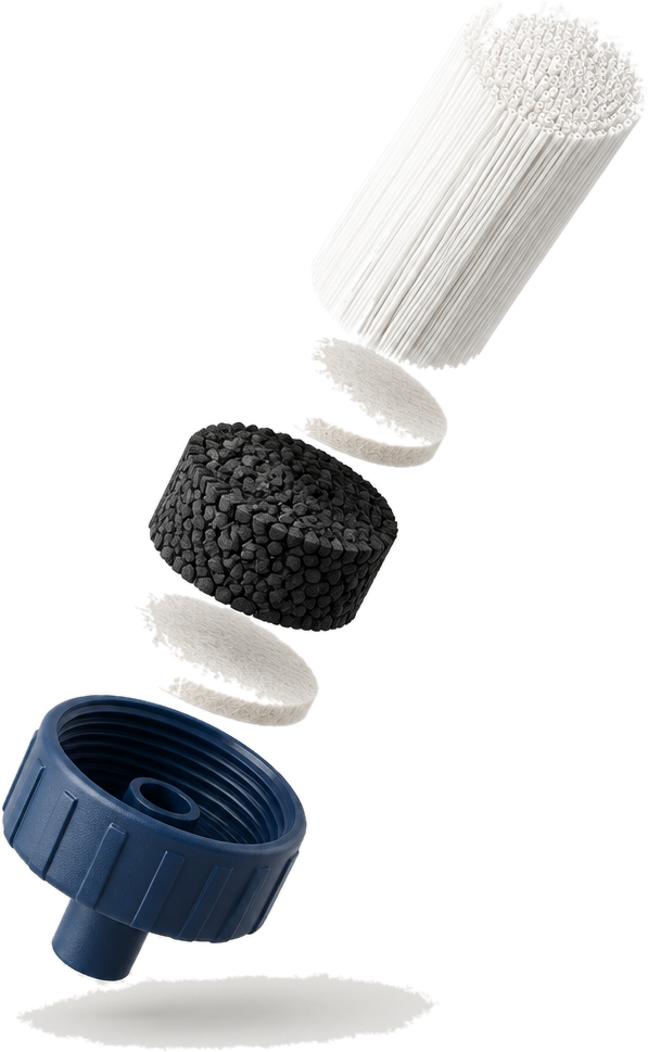 Cutaway of the AQUA-X1 showing the hollow fibre membrane, activated carbon and pre-filter pads