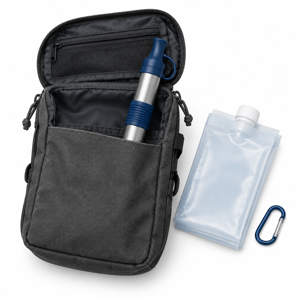 The AQUA-X1 packed in a go-bag pocket with the collapsible pouch and carabiner