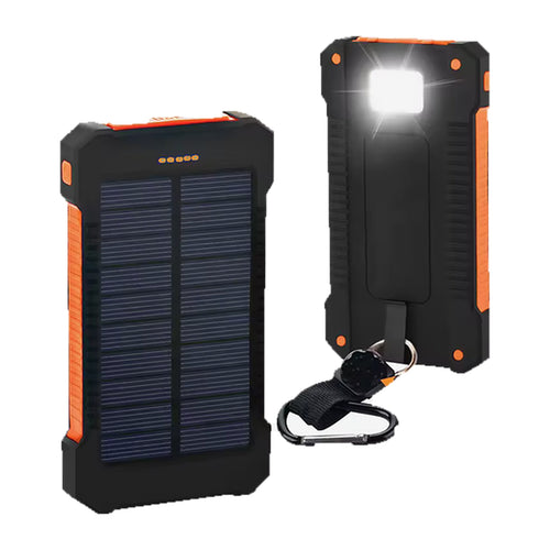 CHARGE-X1 solar power bank, front and back with built-in light and carabiner