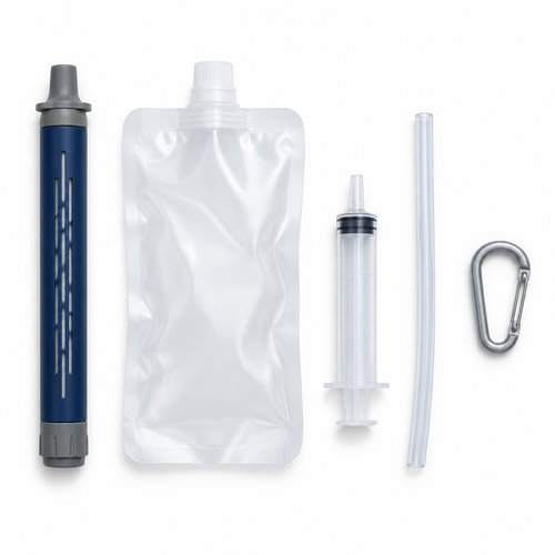 What is in the box: filter straw, collapsible pouch, backflush syringe, drinking tube and carabiner