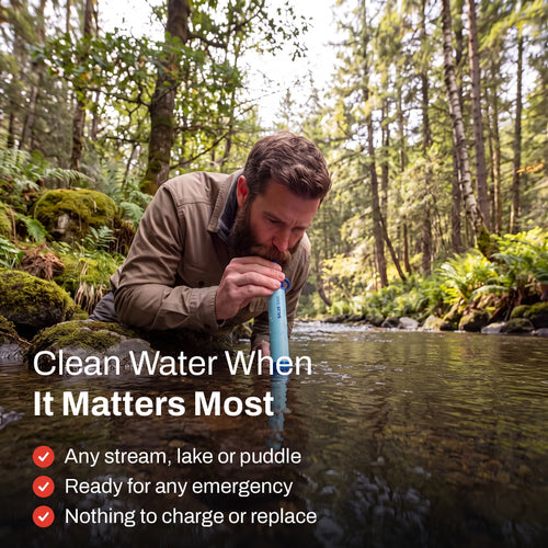 Clean water when it matters most. Any stream, lake or puddle, ready for any emergency, nothing to charge or replace