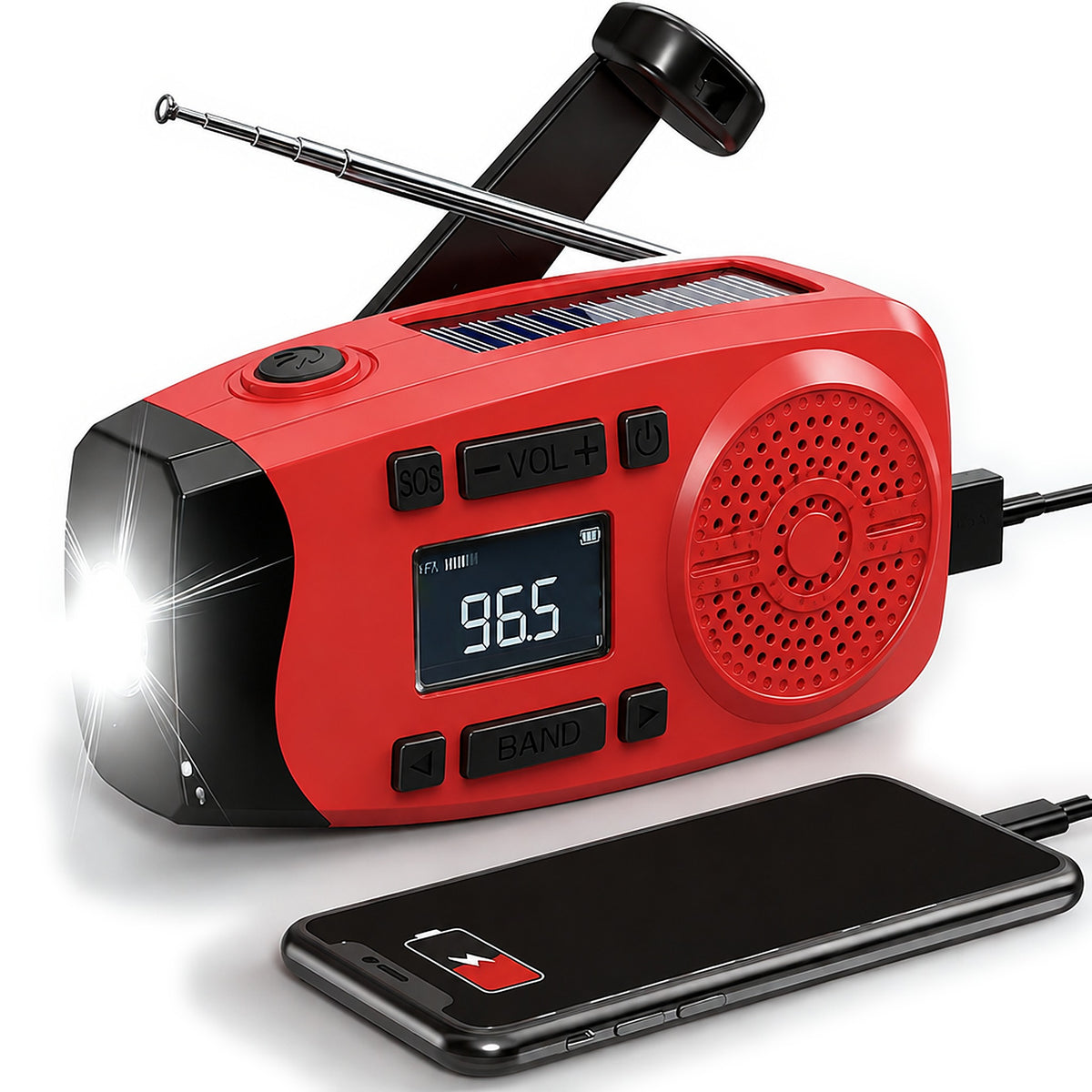 SIGNAL-X1 emergency radio with solar panel, hand crank, flashlight and a phone charging from it