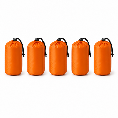 Five THERMA-X1 bivvies packed in their stuff sacks, one per person