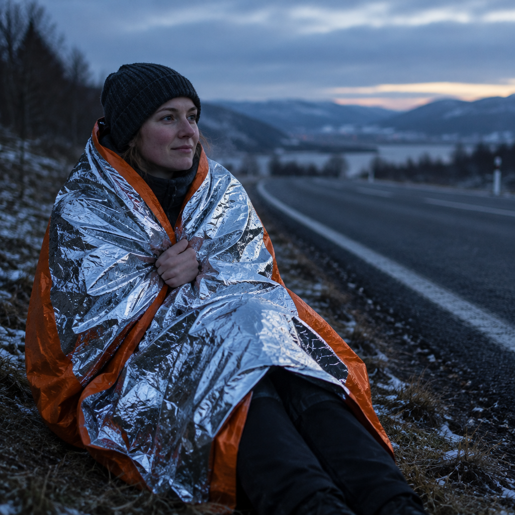 A woman wrapped in a THERMA-X1 bivvy at a cold roadside at dusk